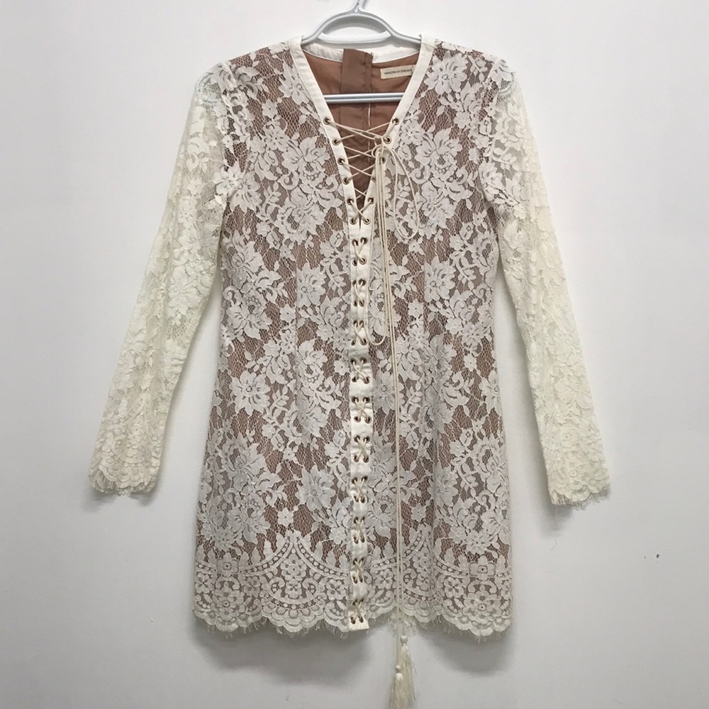 Makers of Dreams boho white lace tie front long sleeve mini dress size medium